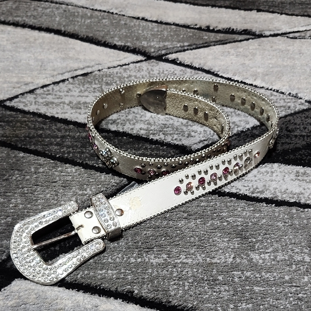 FLEUR-DE-LIS GENUINE WHITE LEATHER CLEAR & PINK RHINESTONES WESTERN BELT